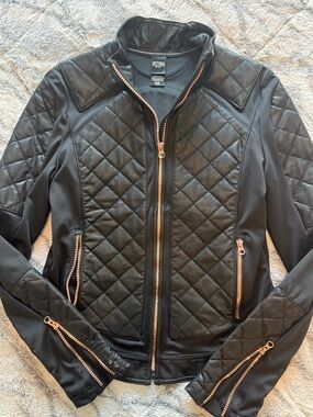 Victoria's Secret Black Quilted Leather-Panel Jacket with Rose Gold Zippers